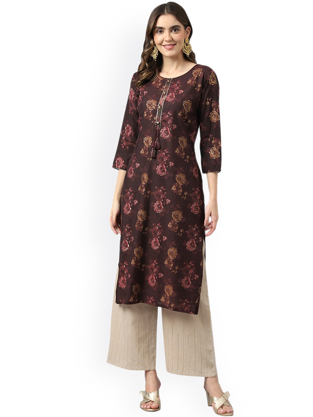 

Ishin Maroon Floral Printed Gotta Patti Silk Kurta