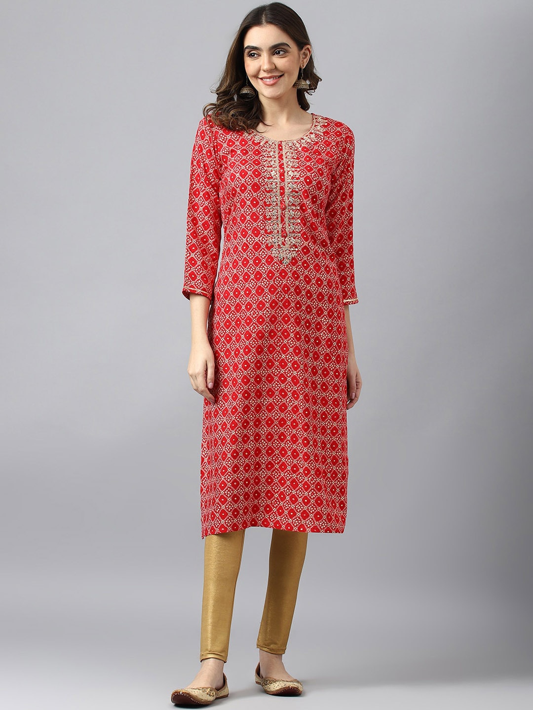 

Ishin Red Geometric Embroidered Keyhole Neck Kurta