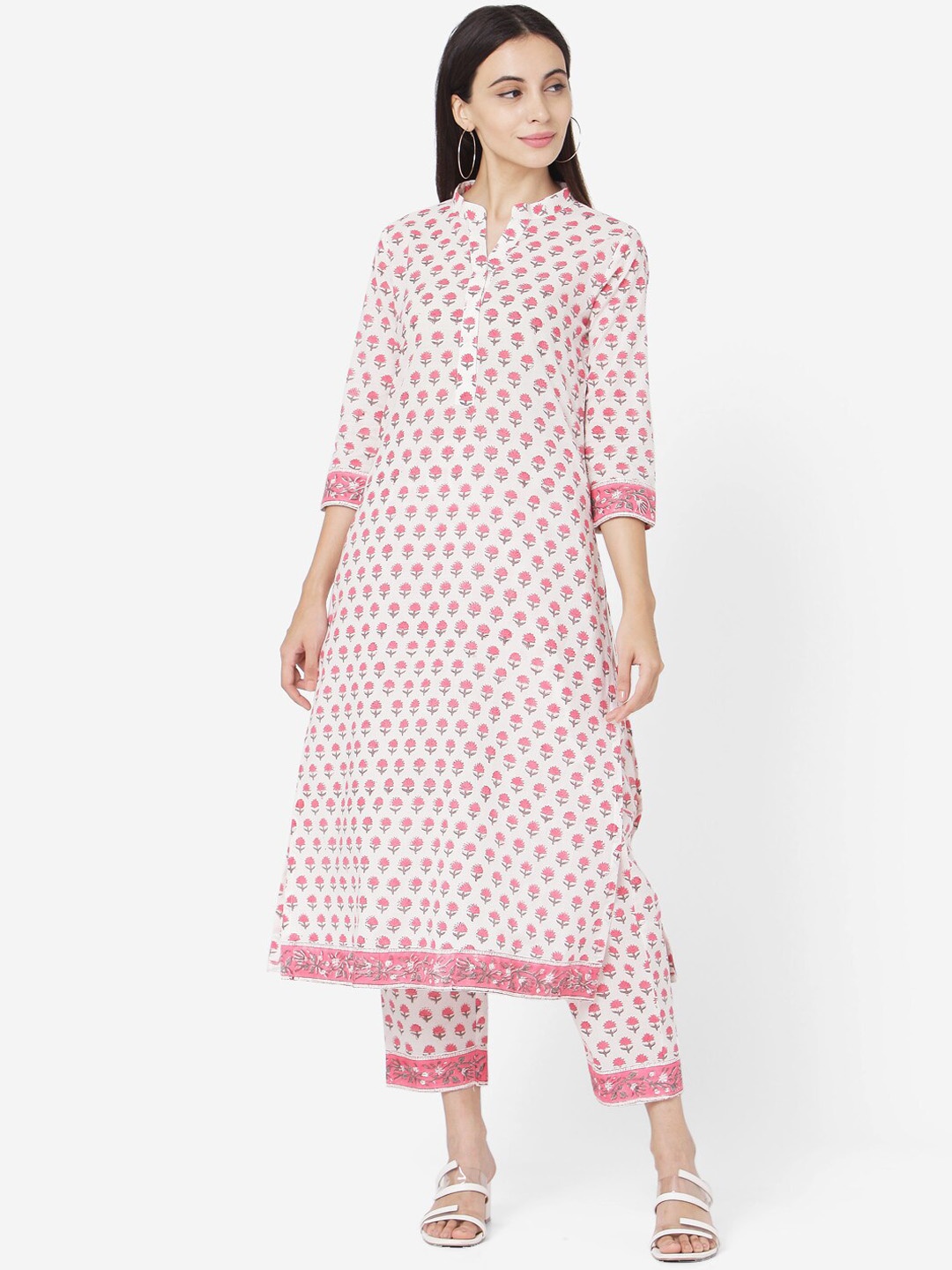 

KALINI Floral Printed Regular Pure Cotton Kurta with Trousers, White
