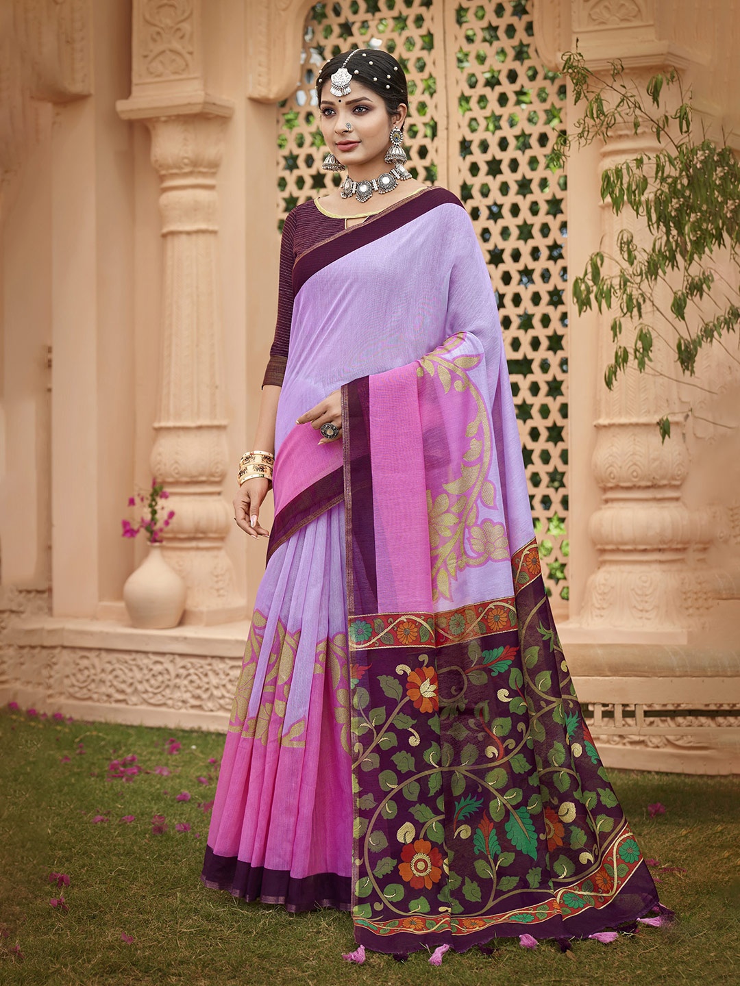 

Triveni Floral Woven Design Pure Cotton Saree, Purple