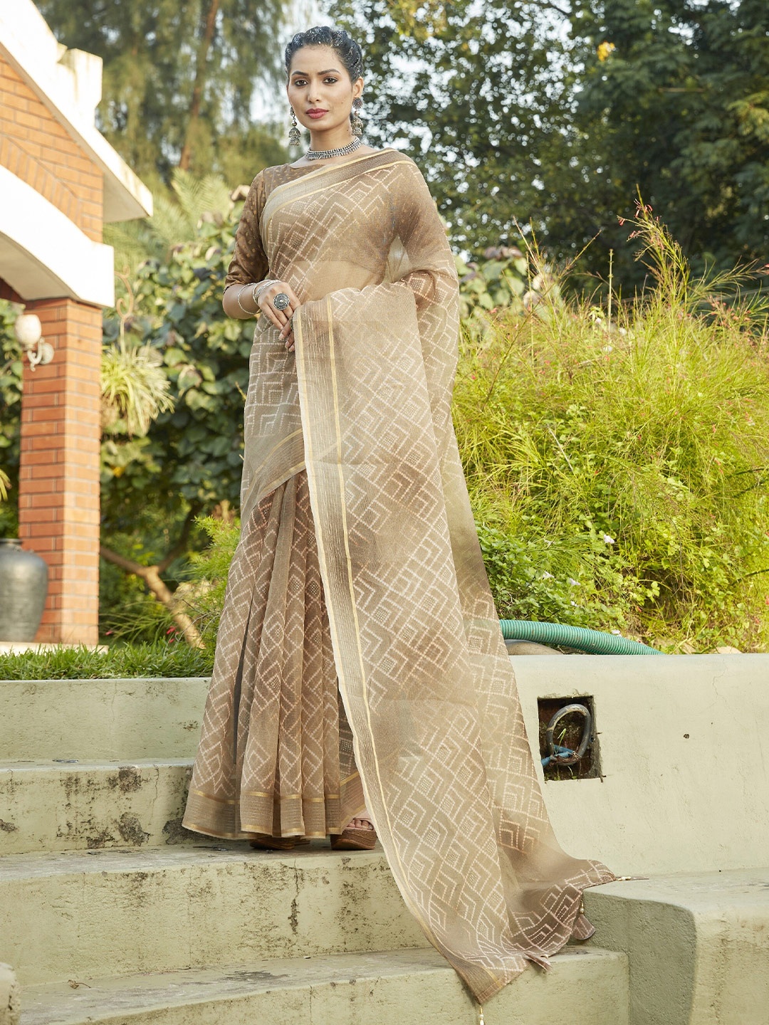 

Triveni Geometric Printed Zari Organza Saree, Brown