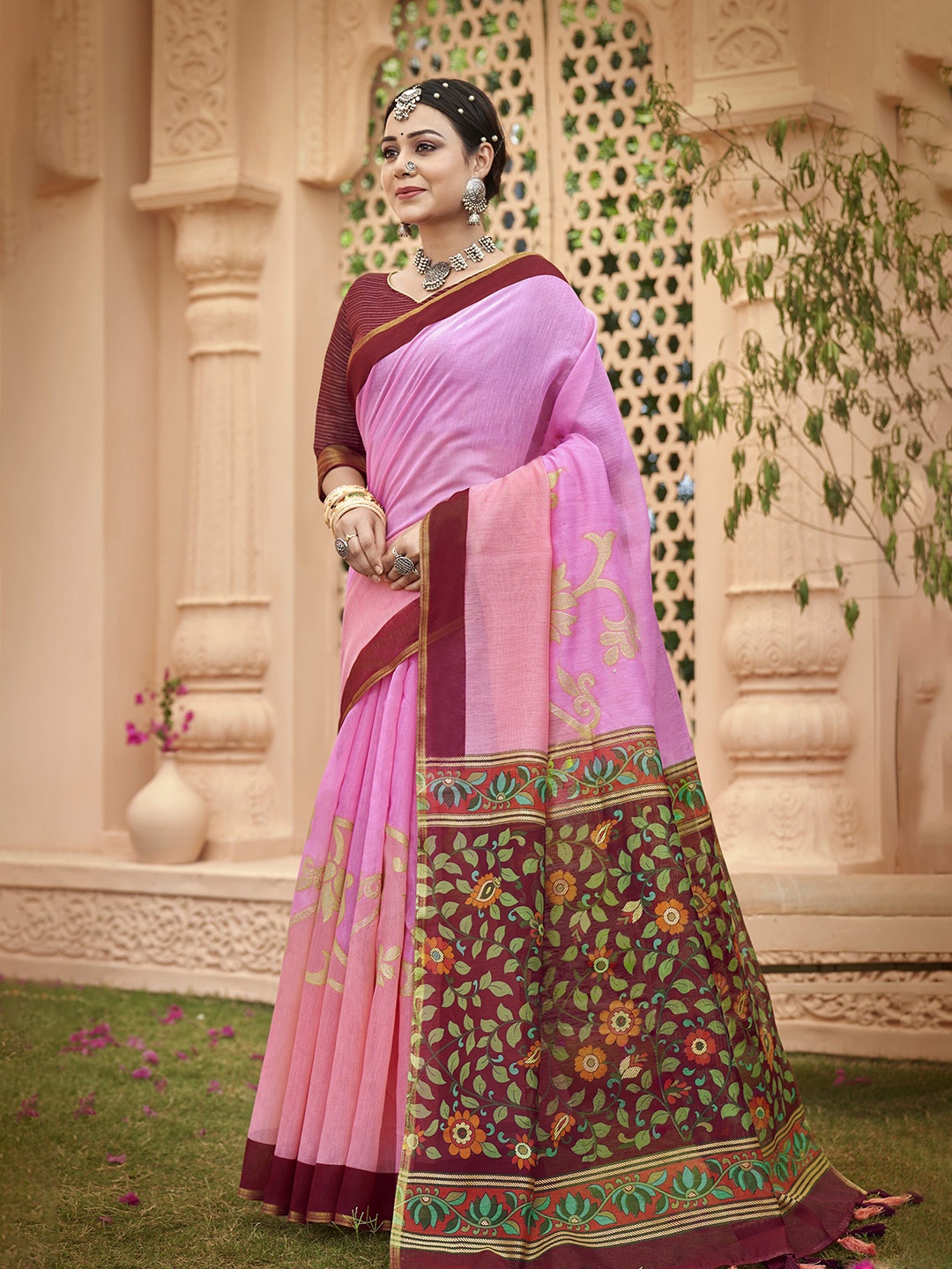 

Triveni Floral Woven Design Pure Cotton Saree, Pink
