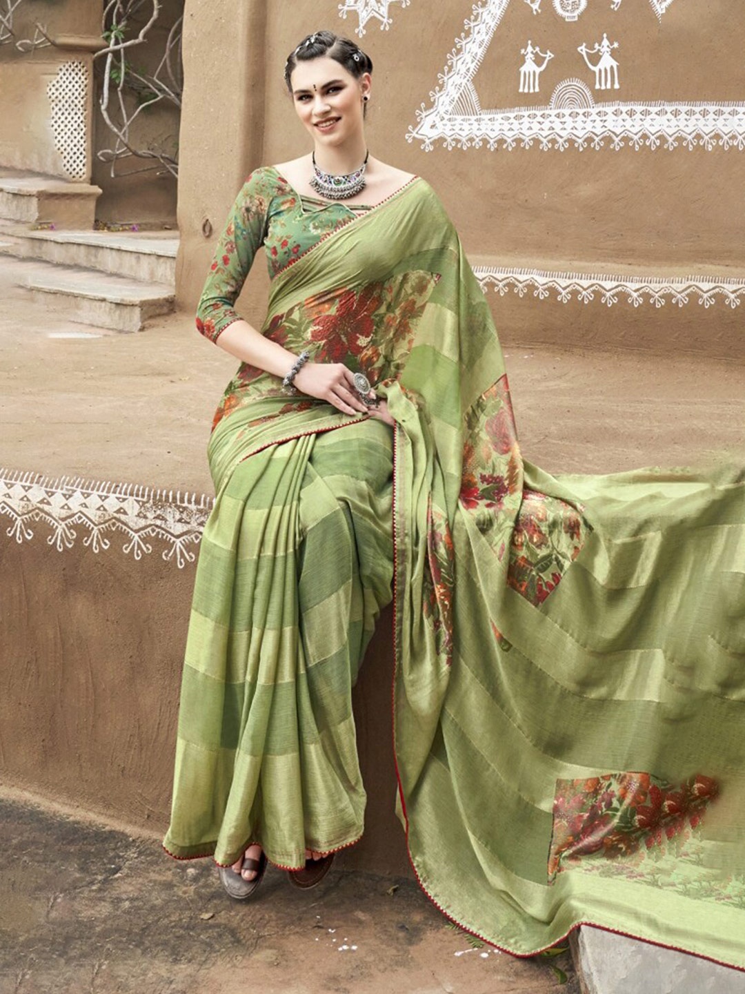 

Triveni Floral Printed Brasso Saree, Green