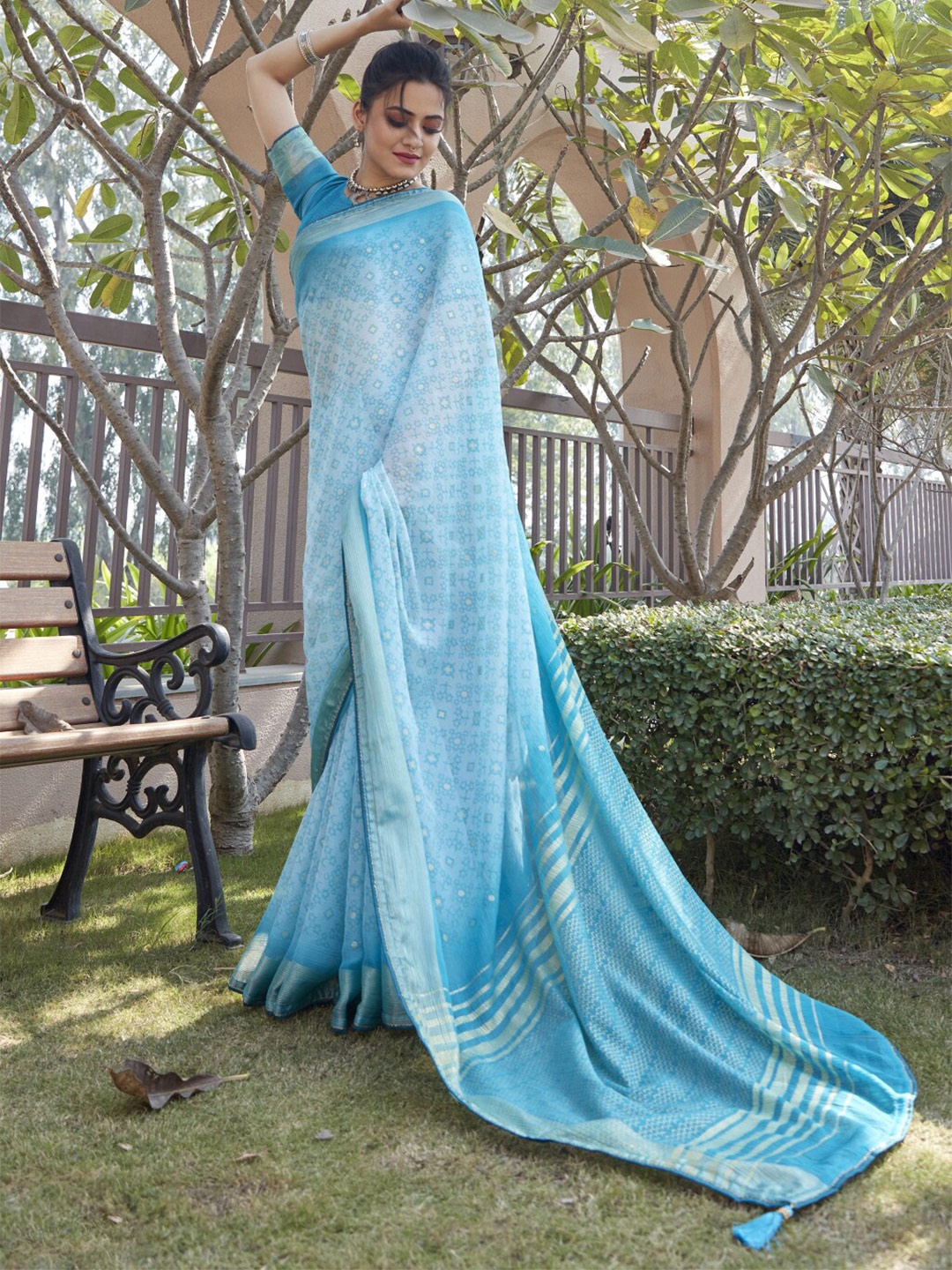 

Triveni Ethnic Printed Zari Pure Chiffon Saree, Blue