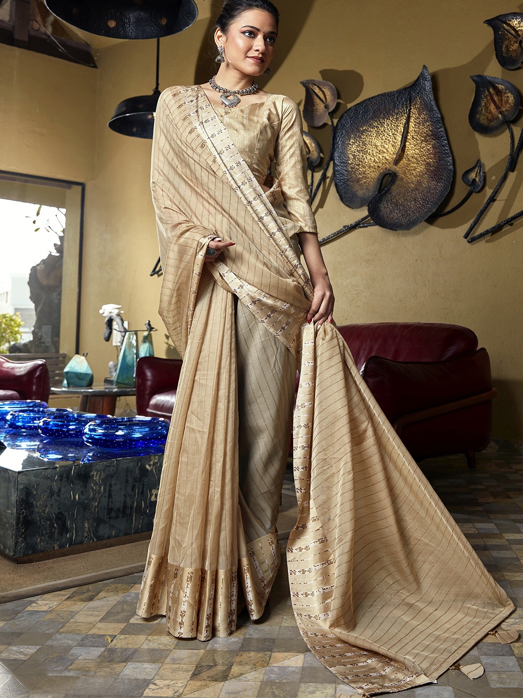 

Triveni Striped Organza Saree, Beige