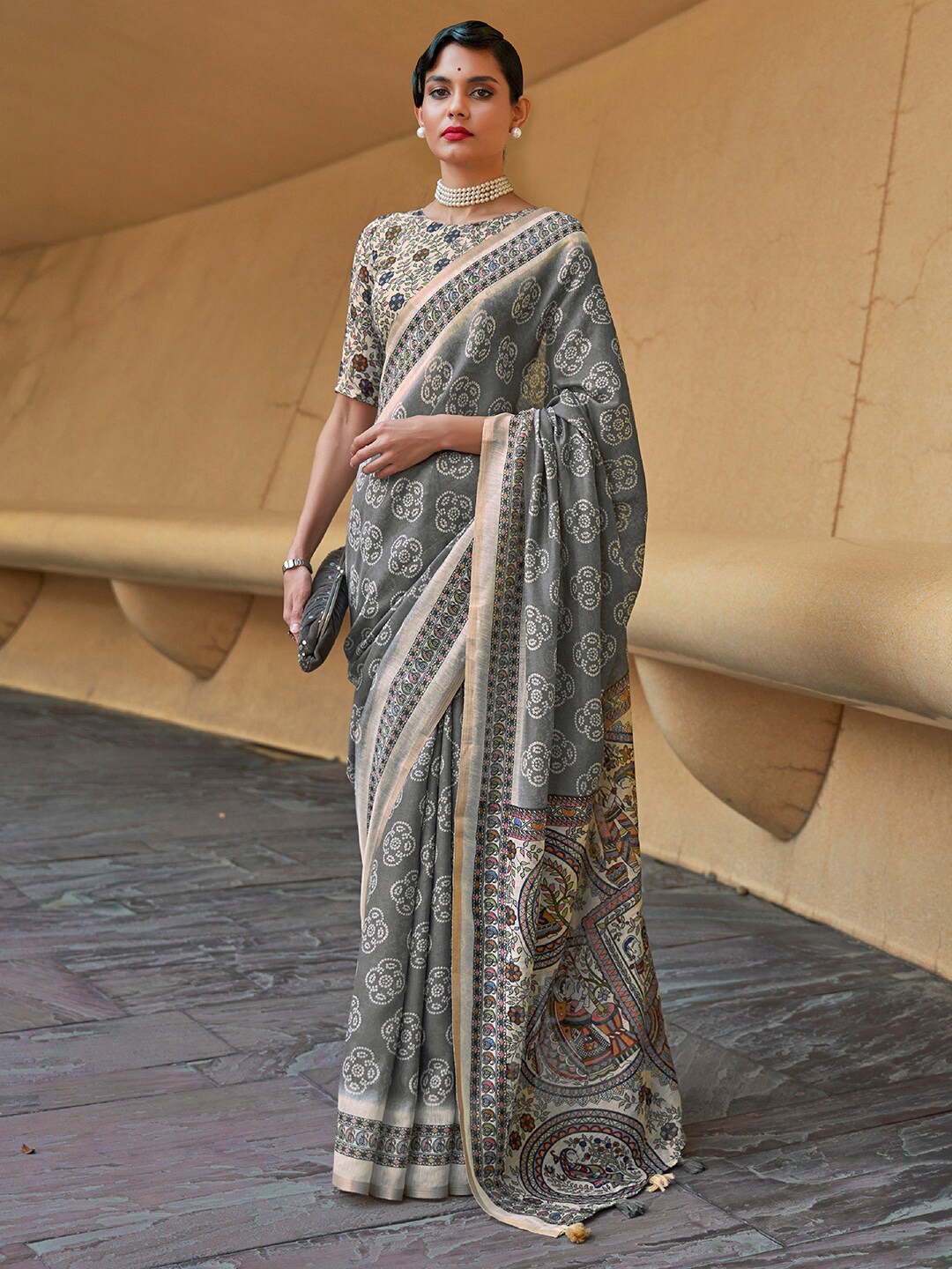 

Anouk Ethnic Motifs Printed Bagh Saree, Grey