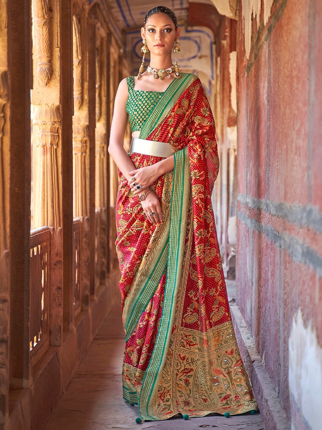 

Anouk Red & Green Ethnic Motifs Printed Pure Georgette Bandhani Saree