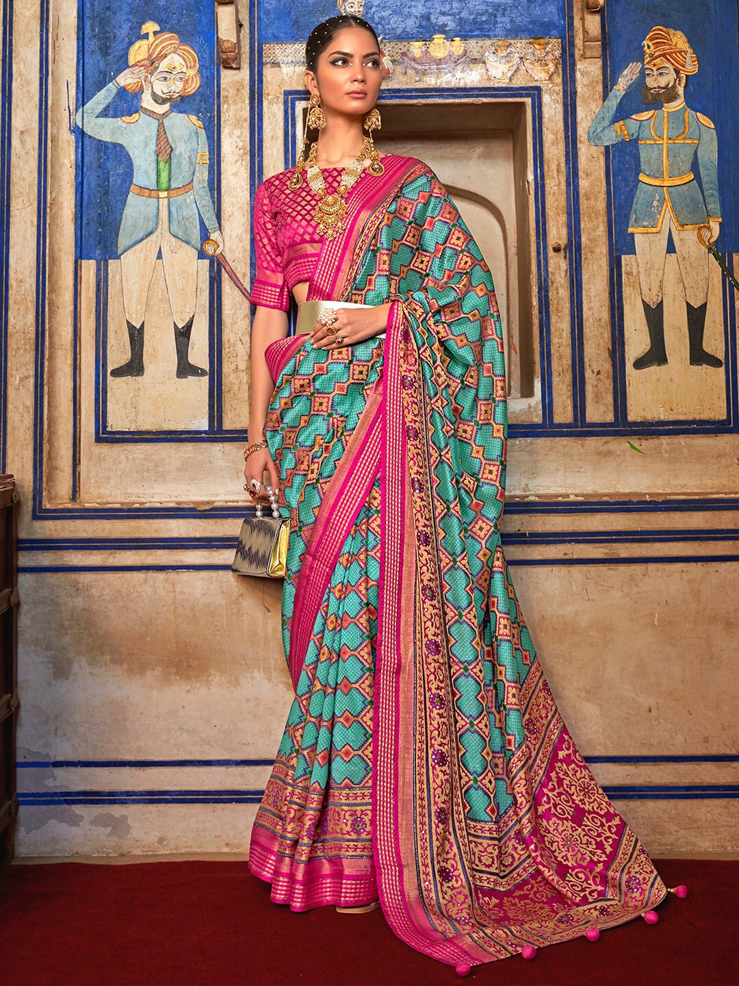 

Anouk Blue & Pink Ethnic Motifs Printed Pure Georgette Bandhani Saree