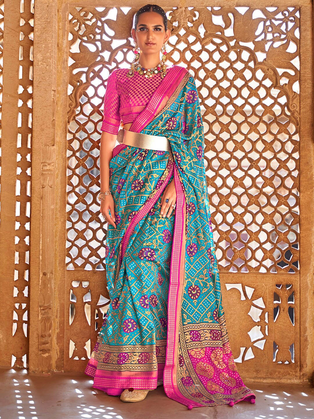 

Anouk Blue & Red Ethnic Motifs Pure Georgette Bandhani Saree