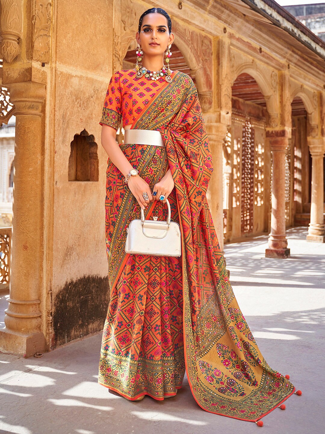 

Anouk Orange & Green Ethnic Motifs Printed Sequined Pure Georgette Patola Saree