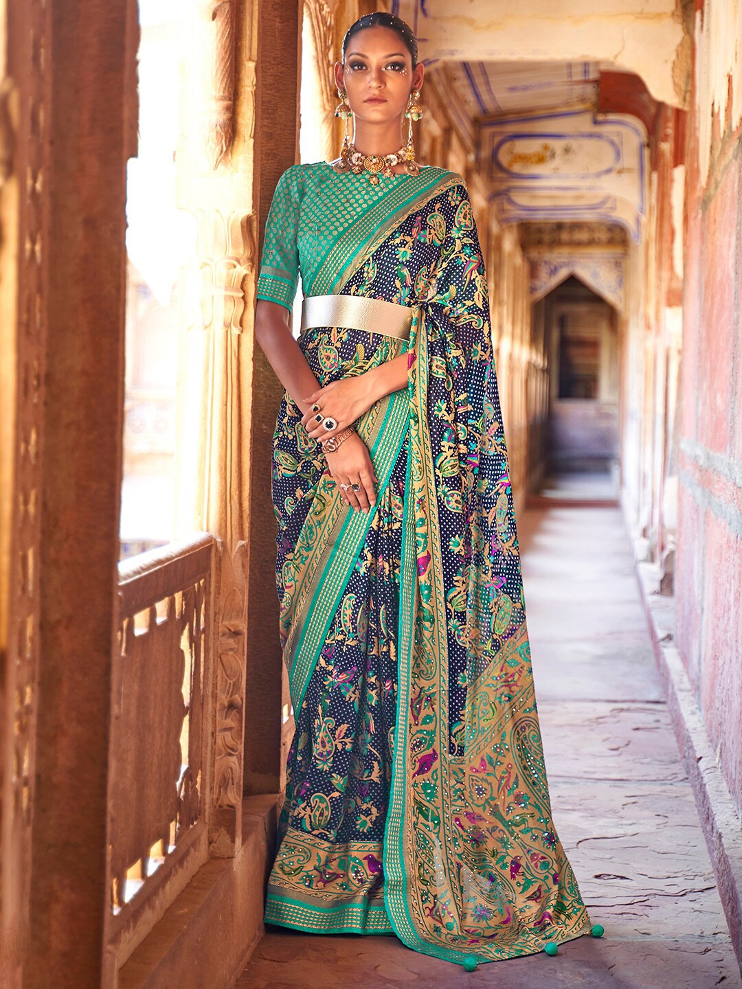 

Anouk Navy Blue & Green Ethnic Motifs Printed Pure Georgette Saree