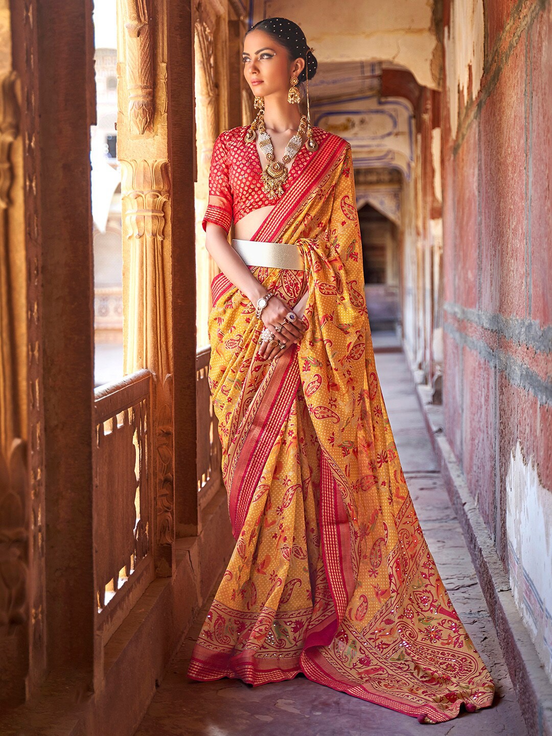 

Anouk Yellow & Red Ethnic Motifs Pure Georgette Bandhani Saree