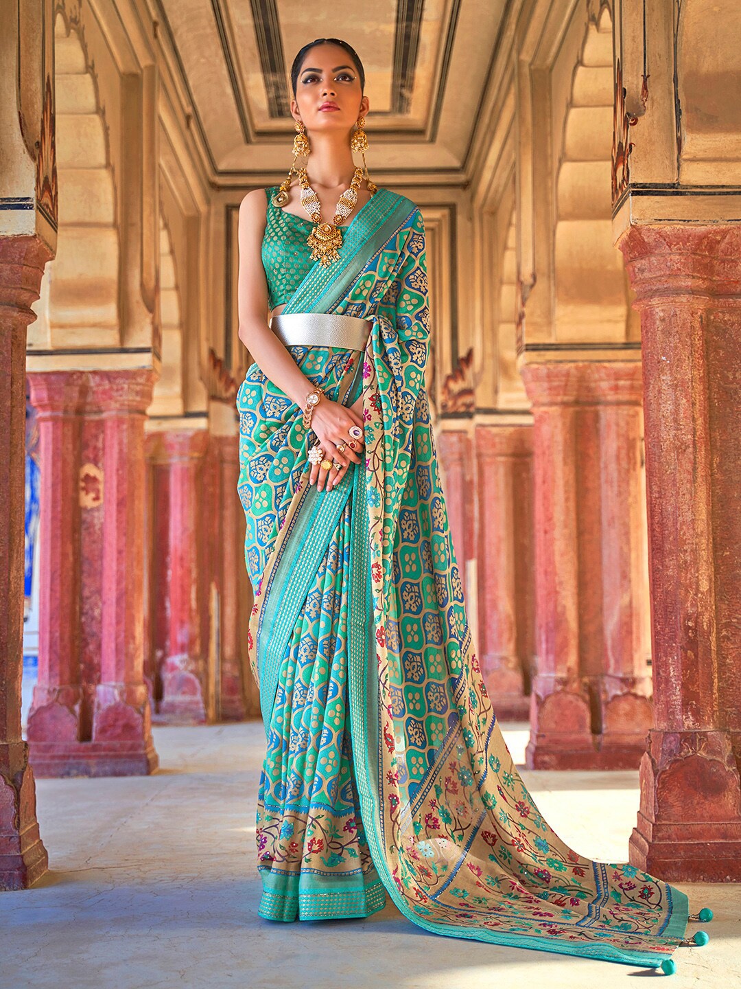 

Anouk Ethnic Motifs Zari Pure Georgette Bagru Saree, Turquoise blue