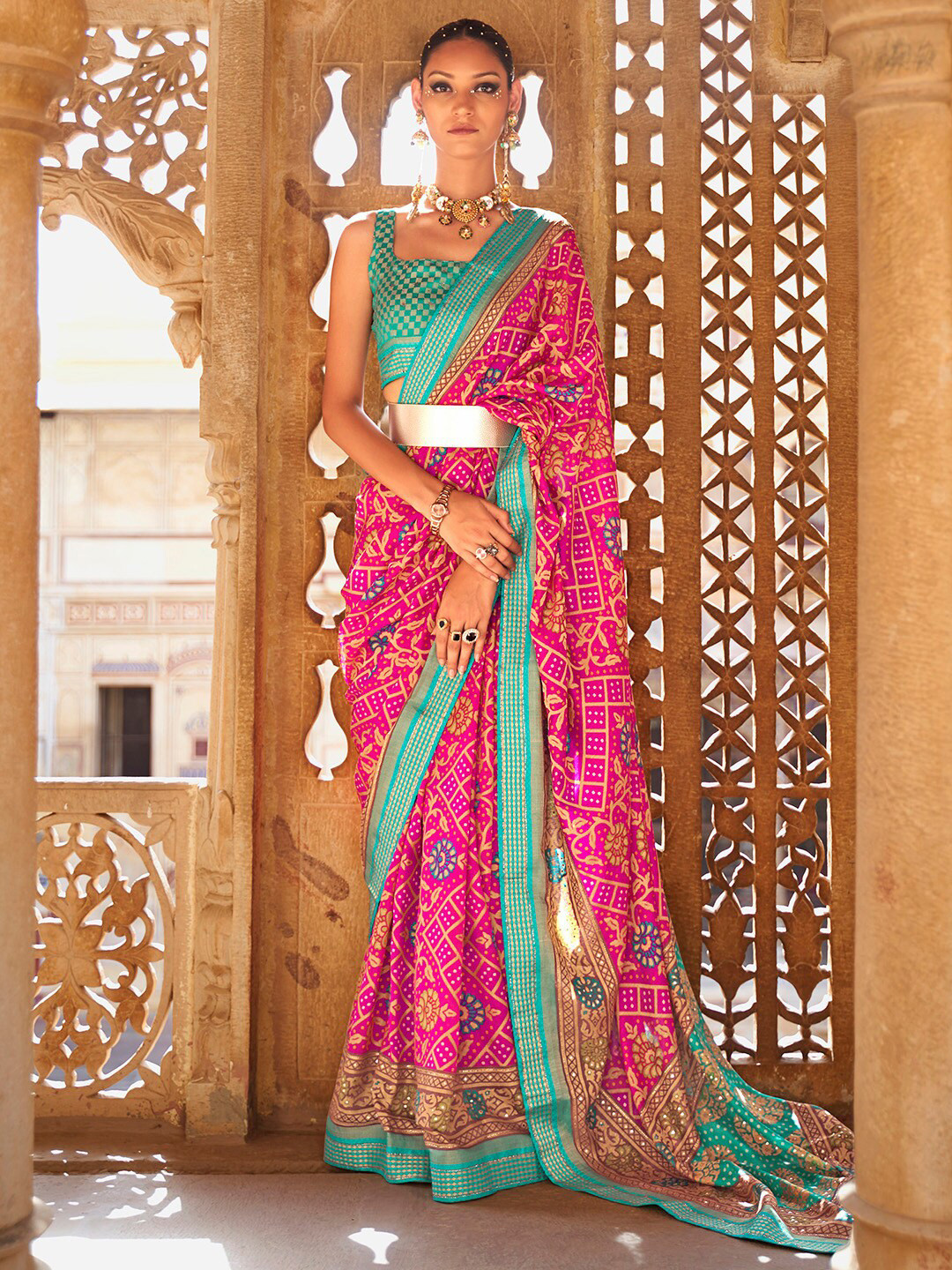 

Anouk Ethnic Motifs Zari Pure Georgette Bandhani Saree, Pink
