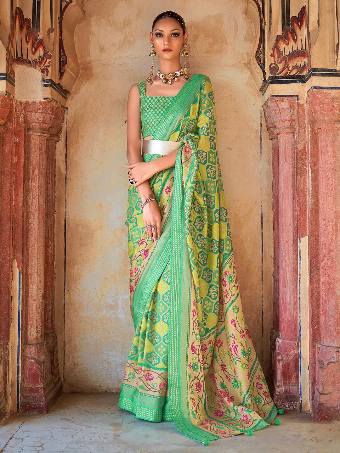 

Anouk Ethnic Motifs Zari Pure Georgette Bagru Saree, Green
