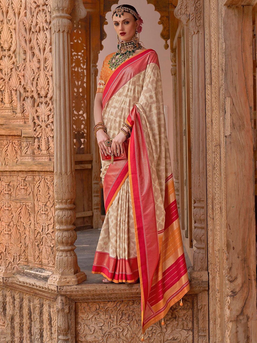 

Anouk Cream & Red Woven Design Zari Silk Blend Banarasi Saree
