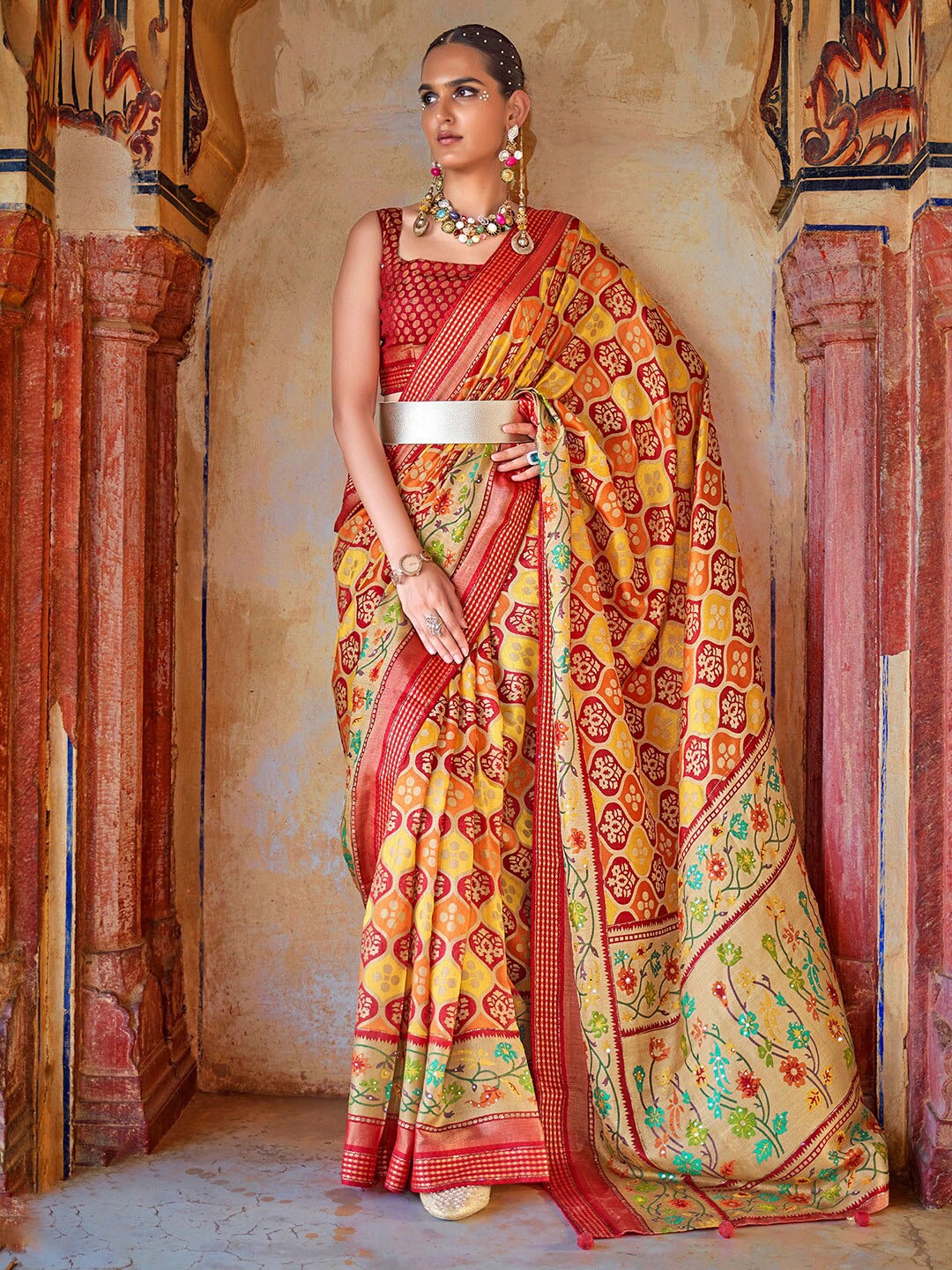 

Anouk Yellow & Red Ethnic Motifs Printed Zari Pure Georgette Bagru Saree