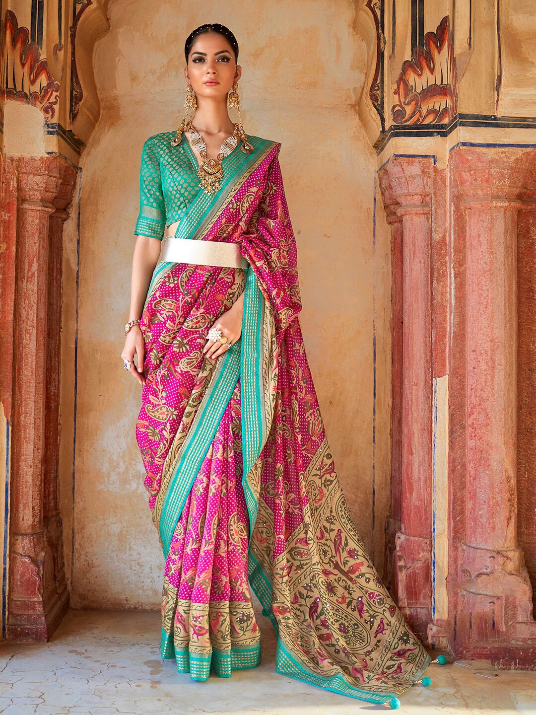 

Anouk Pink & Blue Ethnic Motifs Printed Zari Pure Georgette Bandhani Saree