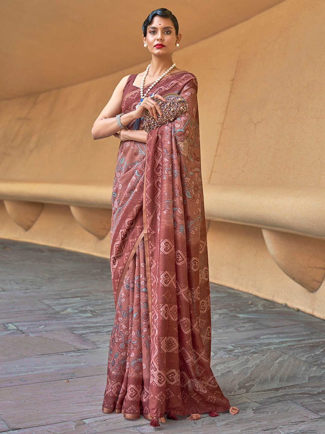 

Anouk Brown & Gold-Toned Ethnic Motifs Printed Zari Bagh Saree