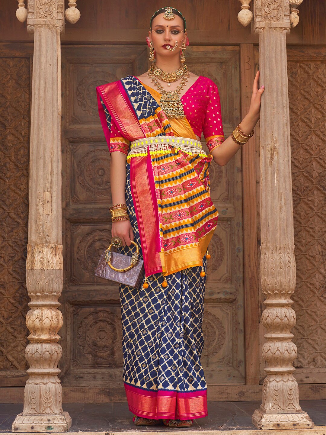 

Anouk Navy Blue & Pink Geometric Woven Design Zari Banarasi Saree