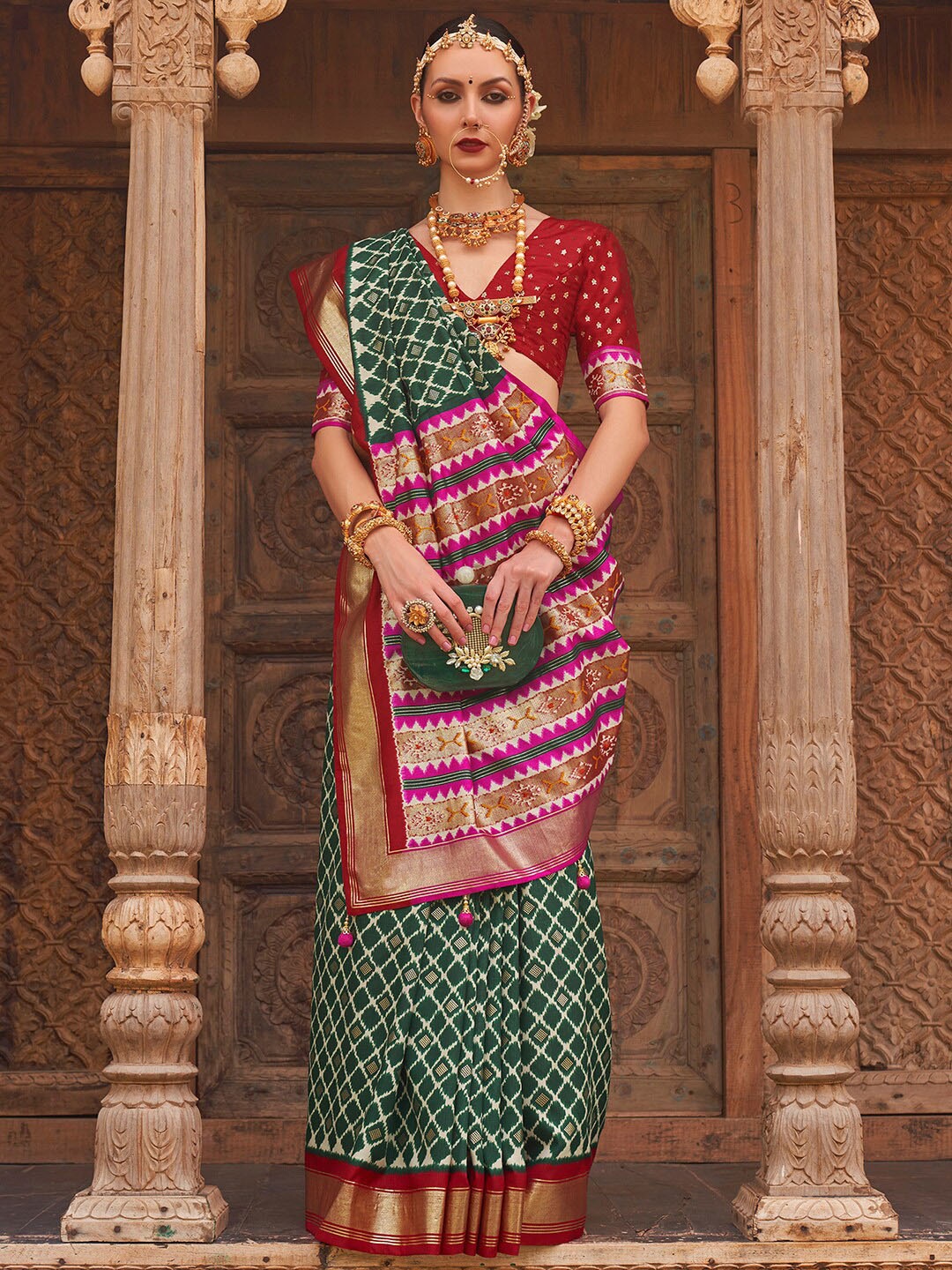

Anouk Green & Pink Ethnic Motifs Woven Design Zari Banarasi Saree