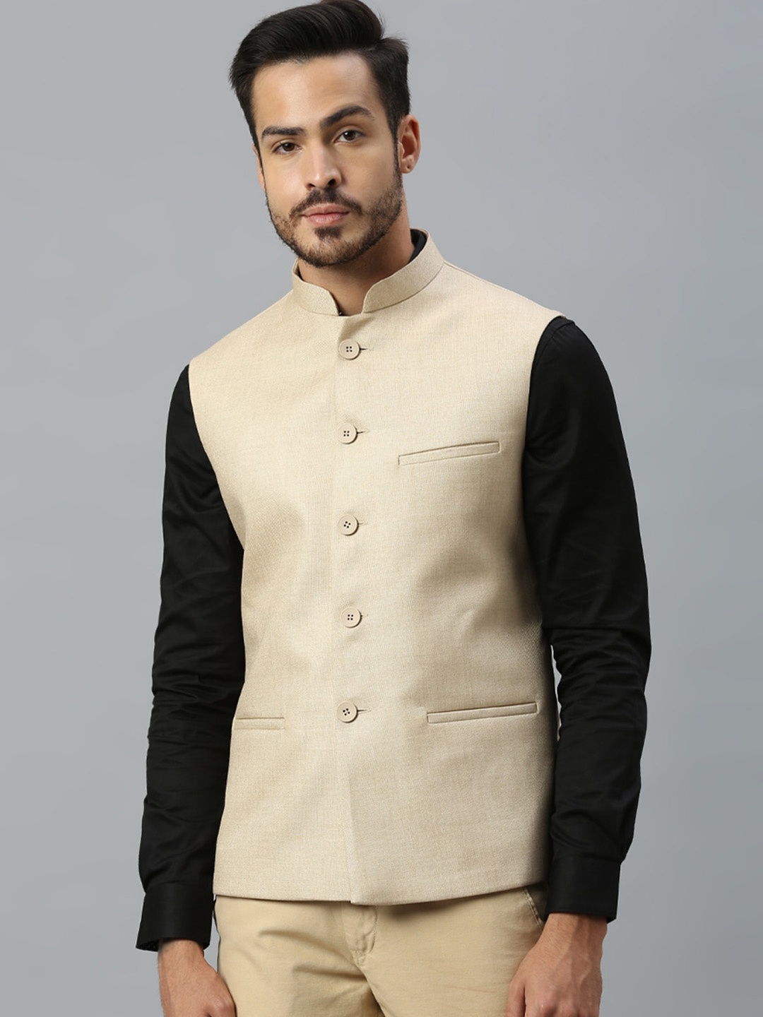 

ESSAS club Mandarin Collar Jute Cotton Nehru Jacket, Cream