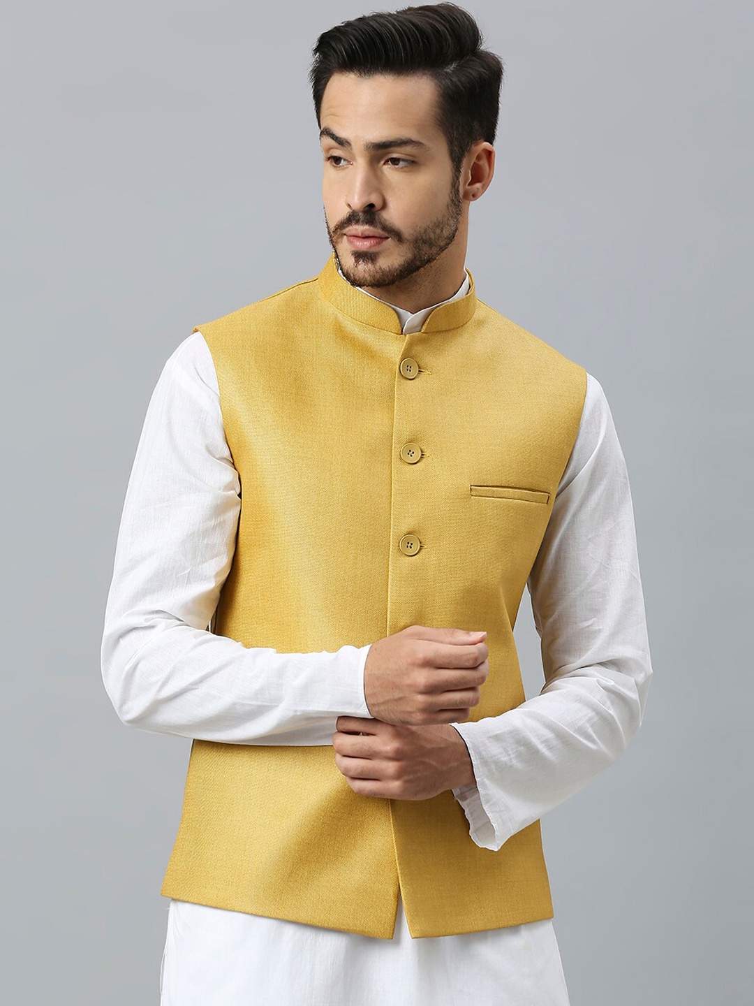

ESSAS club Mandarin Collar Jute Cotton Nehru Jacket, Mustard