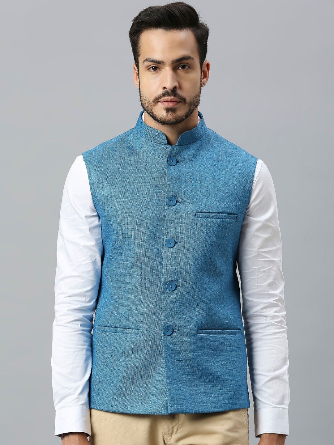 

ESSAS club Men Jute Cotton Nehru Jacket, Blue