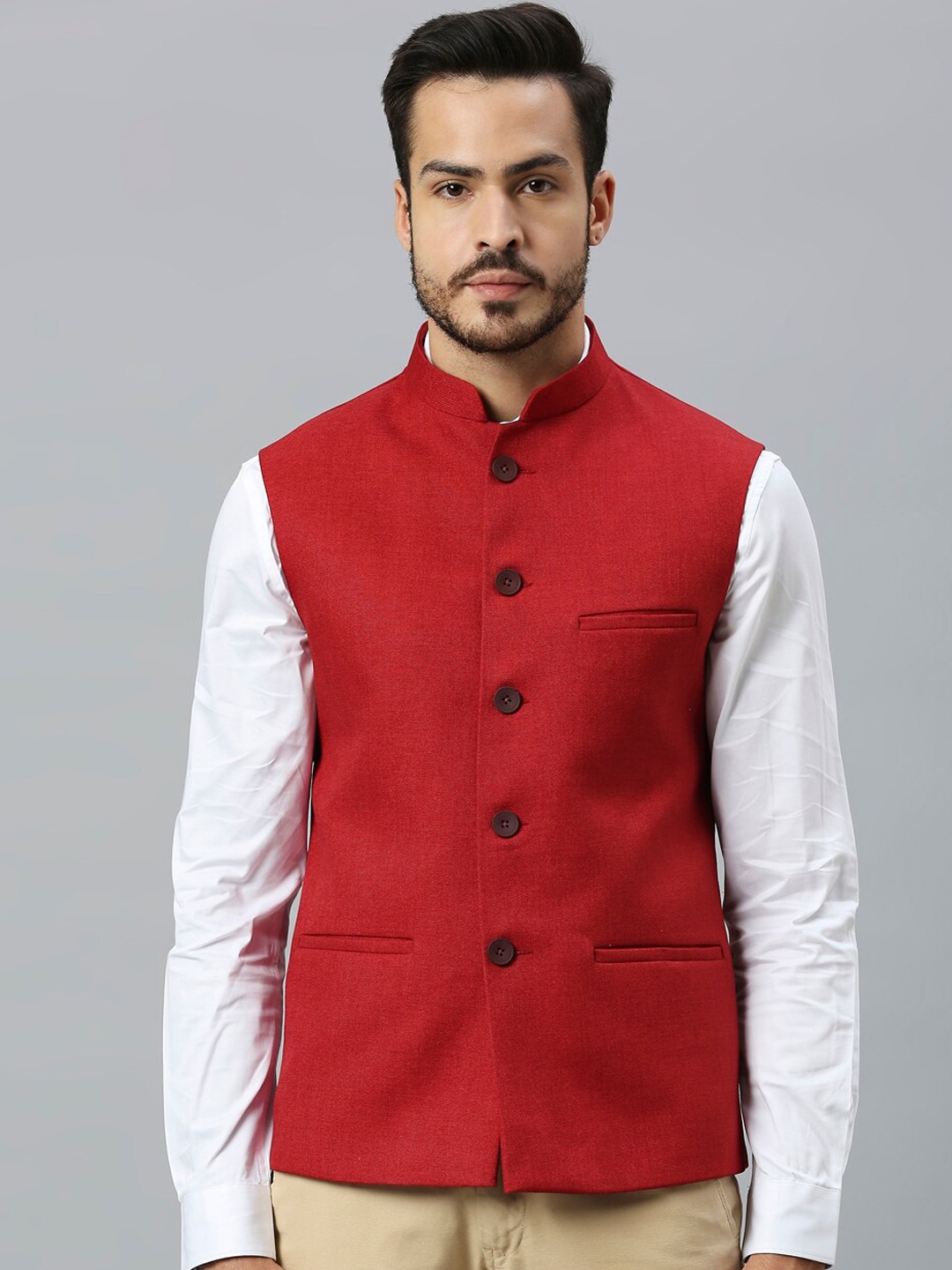 

ESSAS club Mandarin Collar Jute Cotton Nehru Jacket, Red