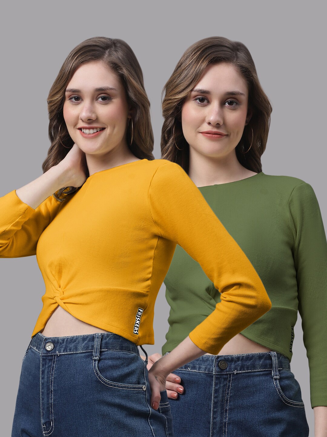 

FBAR Pack Of 2 Twisted Bio Wash Cotton Fitted Crop Top, Mustard