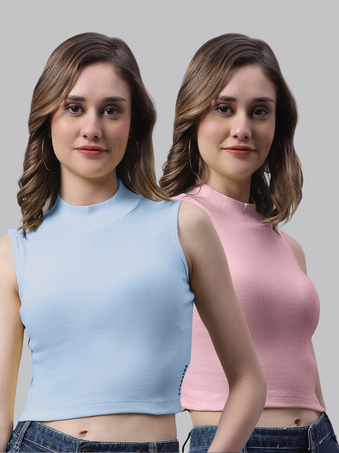 

FBAR Pack Of 2 Cotton Crop Top, Turquoise blue