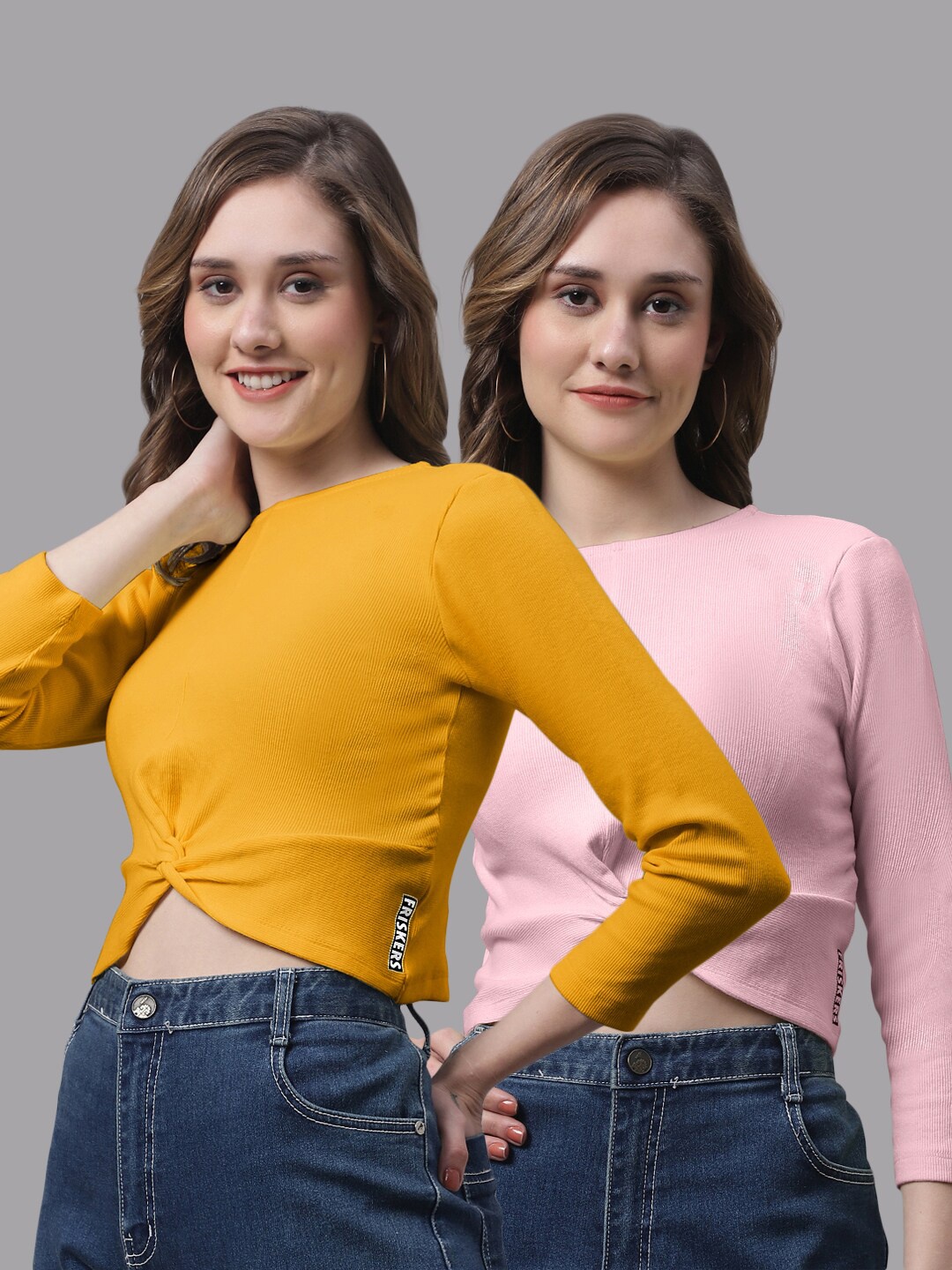 

FBAR Pack Of 2 Bio Wash Skin Friendly Twisted Cotton Fitted Crop Top, Mustard