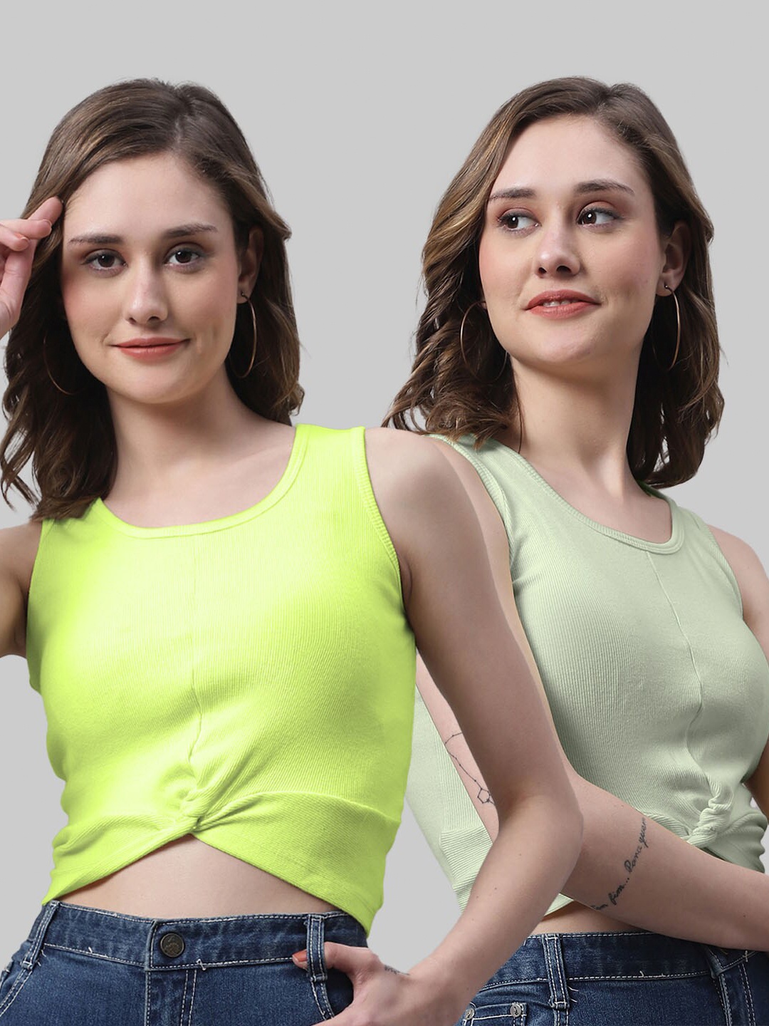 

FBAR Pack Of 2 Round Neck Twisted Detail Cotton Rib Crop Tops, Green