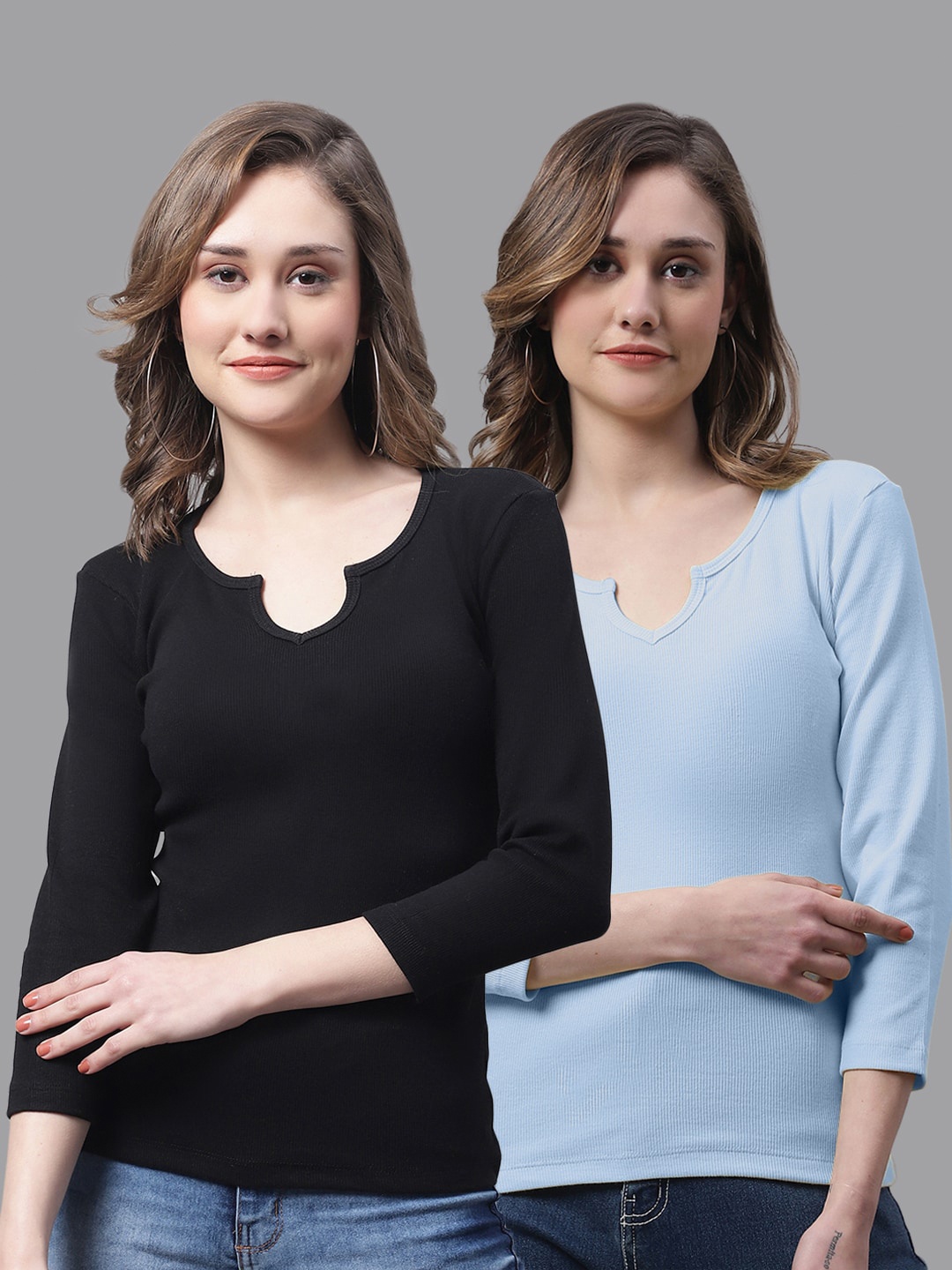 

FBAR Pack Of 2 Notched Neck Cotton Top, Black