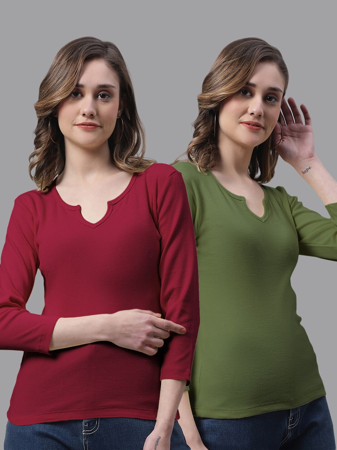

FBAR Pack Of 2 Notched Neck Cotton Top, Maroon