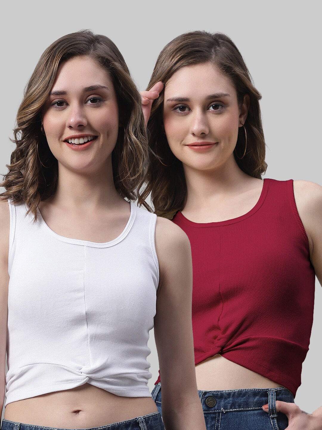 

FBAR Pack Of 2 Round Neck Twisted Fitted Cotton Crop Top, White
