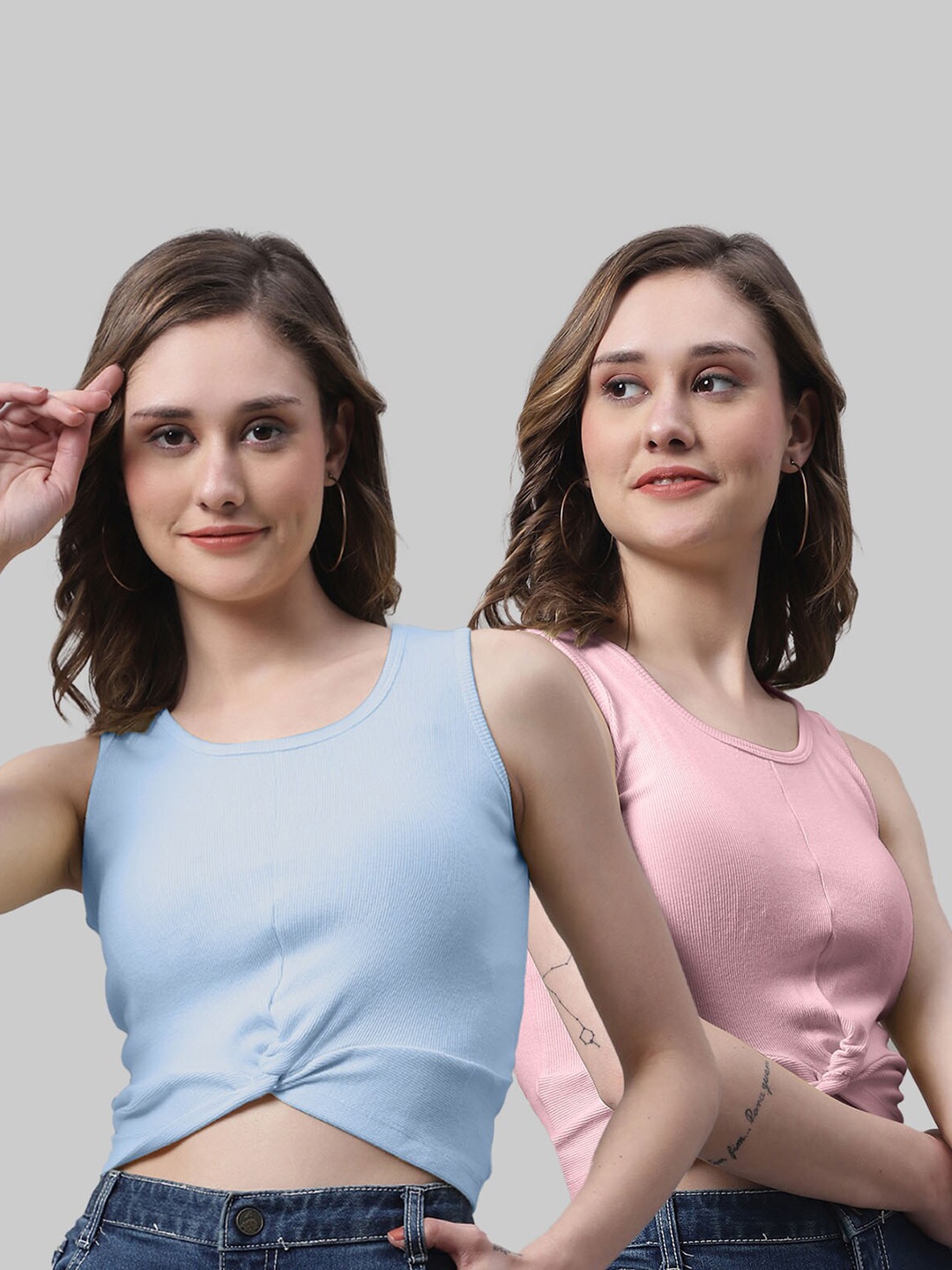 

FBAR Pack Of 2 Twisted Bio Wash Skin Friendly Cotton Tank Crop Top, Turquoise blue