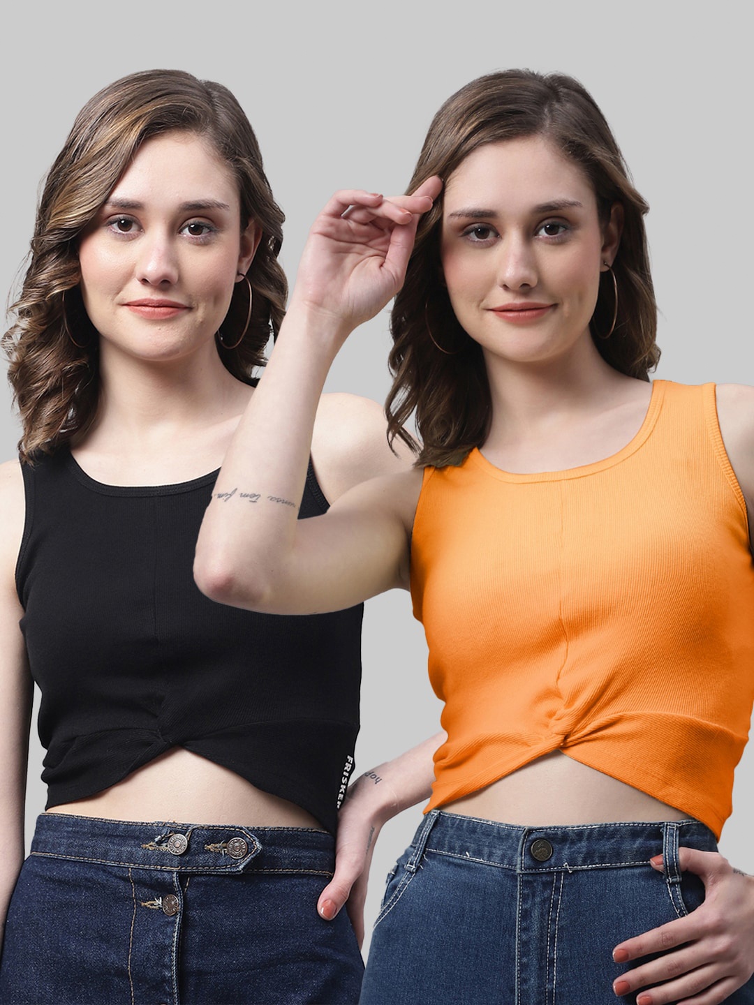 

FBAR Pack Of 2 Round Neck Twisted Detail Cotton Rib Crop Tops, Black