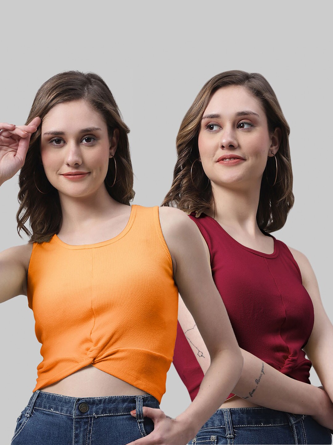 

FBAR Pack Of 2 Round Neck Twisted Fitted Cotton Crop Top, Orange