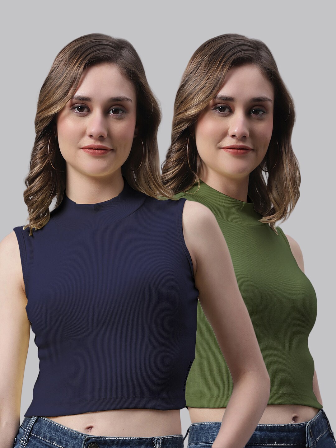 

FBAR Pack Of 2 Bio Wash Skin Friendly High Neck Sleeveless Cotton Fitted Crop Top, Navy blue