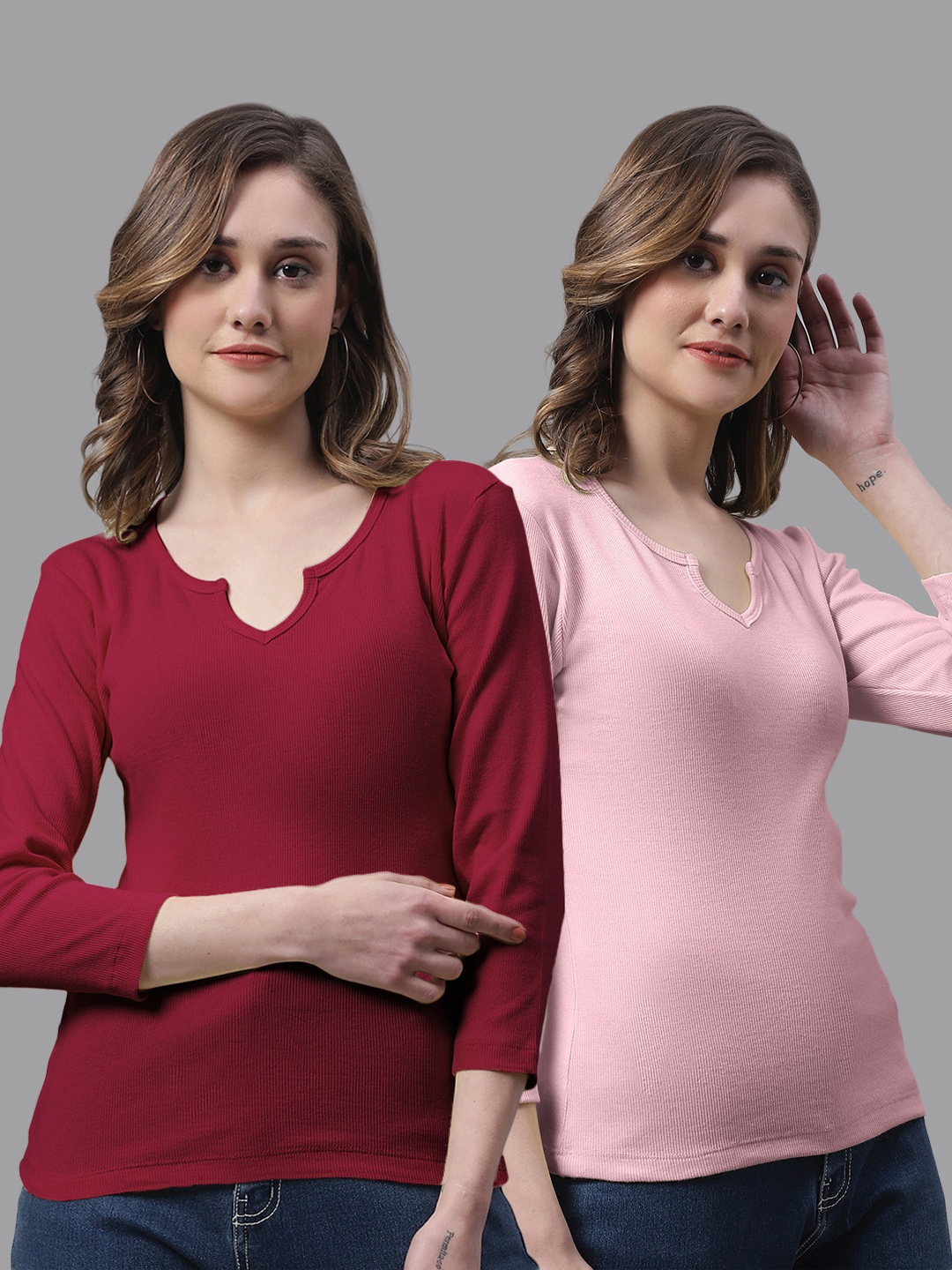 

FBAR Pack Of 2 Notched Neck Cotton Top, Maroon