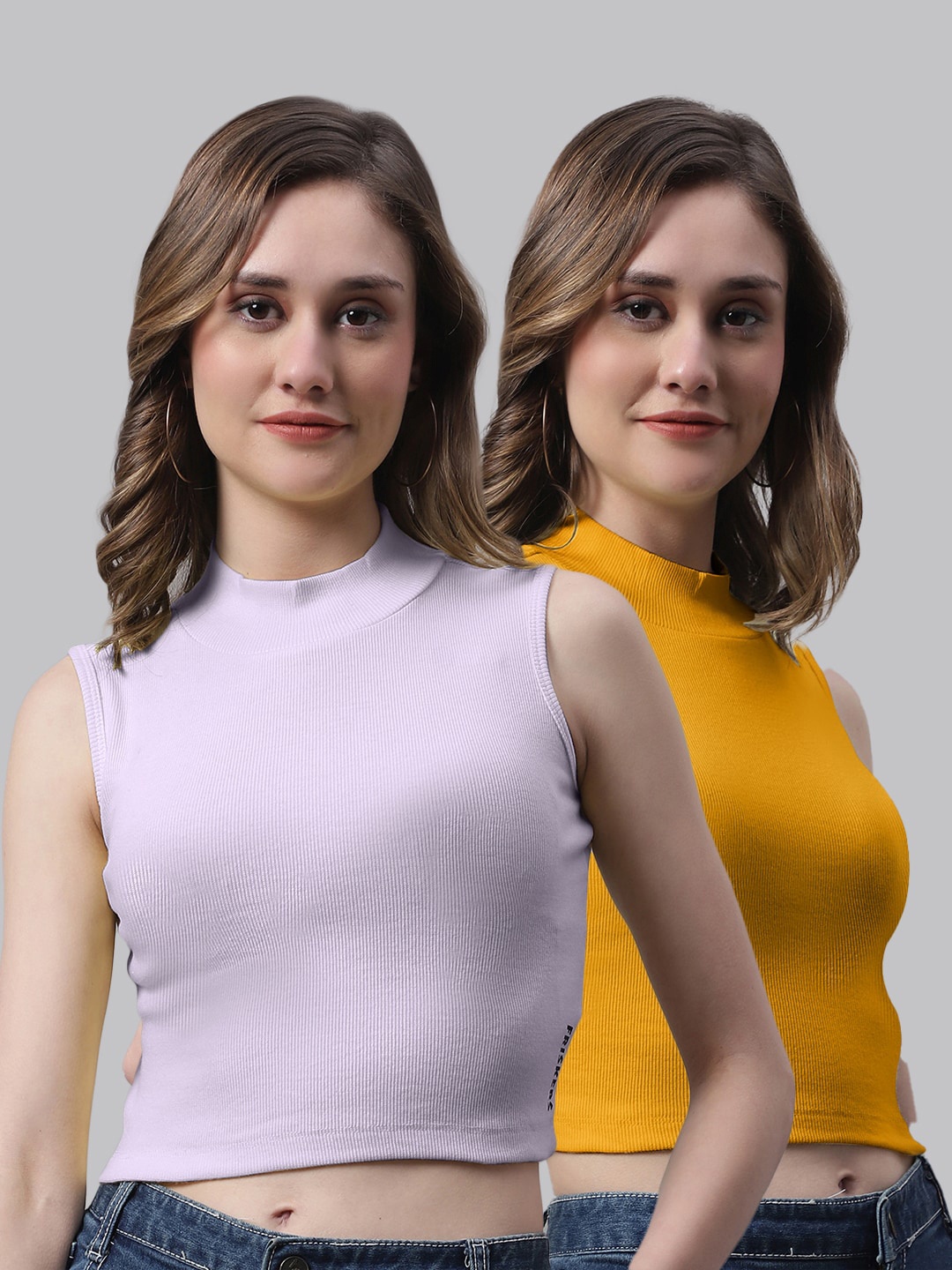 

FBAR Pack Of 2 Bio Wash Skin Friendly High Neck Sleeveless Cotton Fitted Crop Top, Lavender