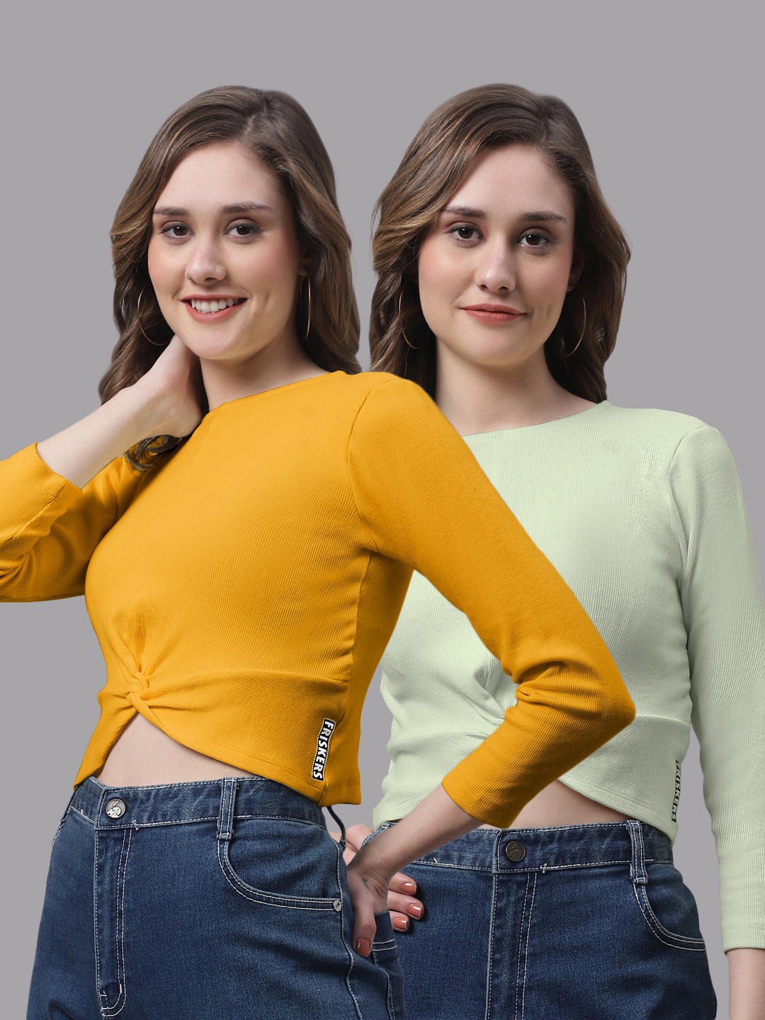 

FBAR Pack Of 2 Bio Wash Skin Friendly Twisted Cotton Fitted Crop Top, Mustard