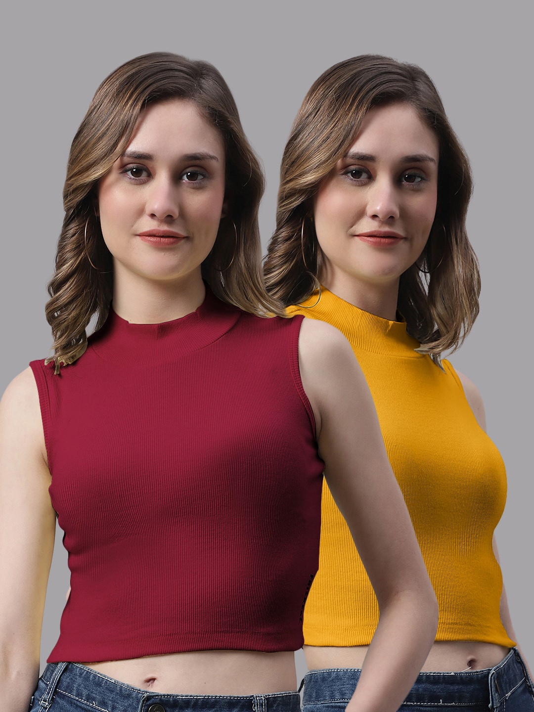 

FBAR Pack Of 2 High Neck Cotton Fitted Tops, Maroon