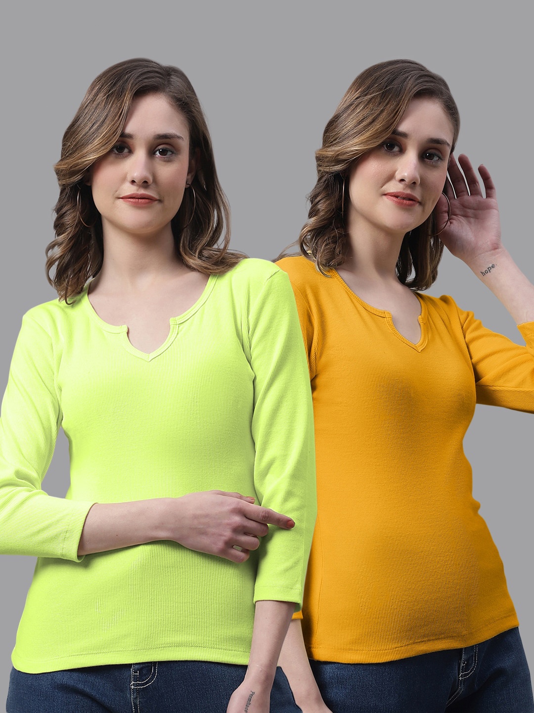 

FBAR Pack Of 2 Notched Neck Cotton Top, Green