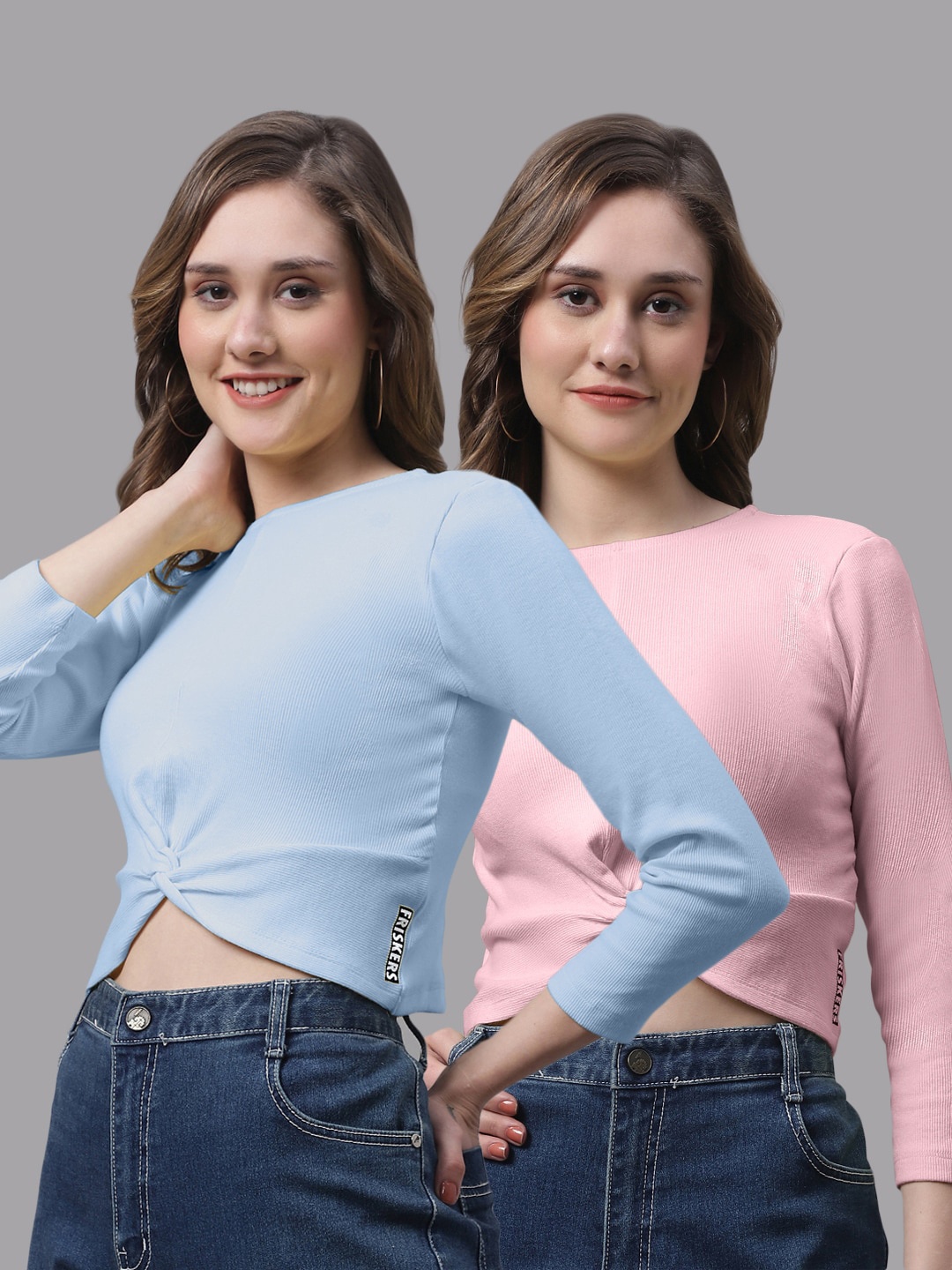 

FBAR Pack Of 2 Bio Wash Skin Friendly Twisted Cotton Fitted Crop Top, Turquoise blue