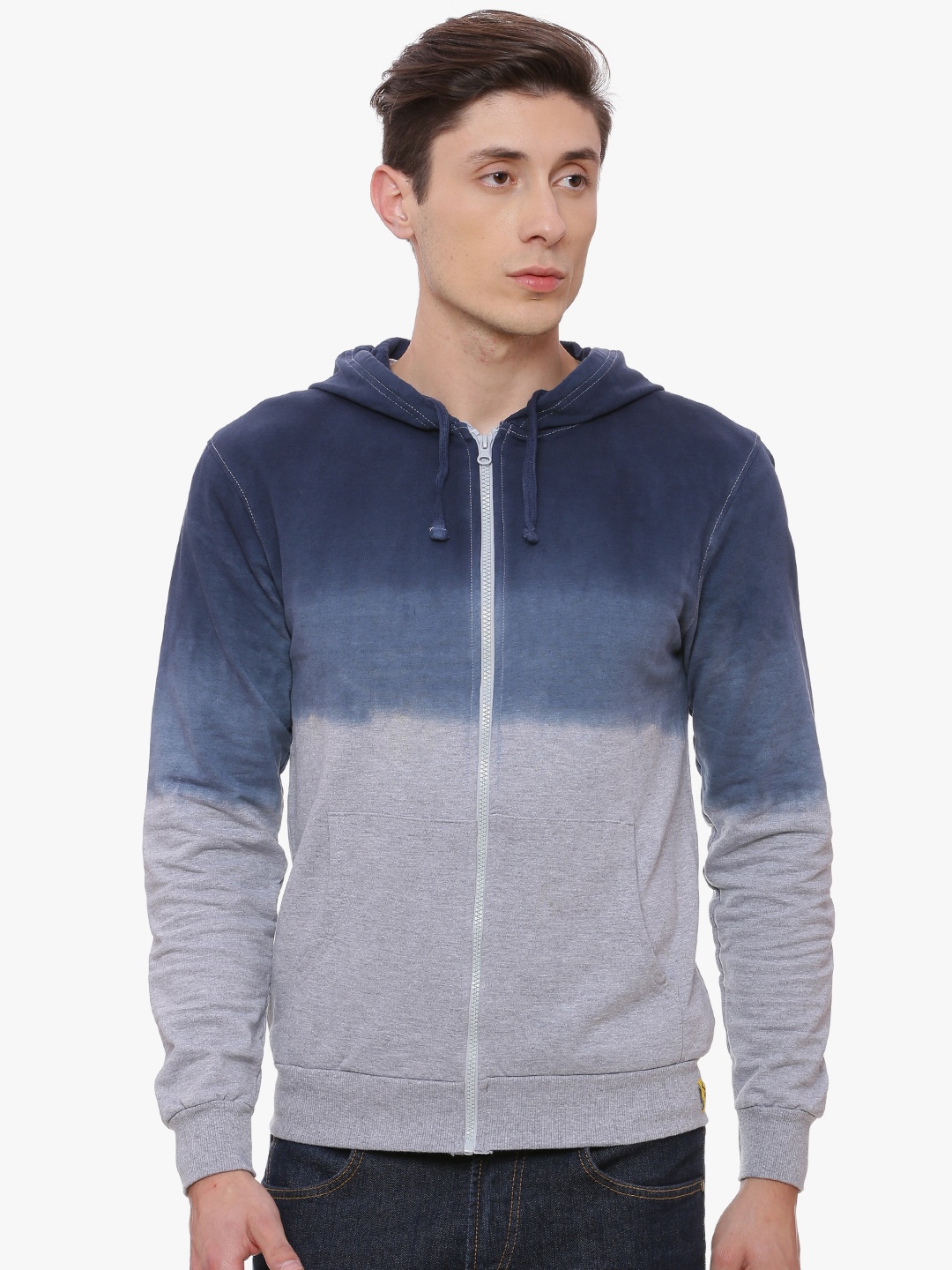 

Campus Sutra Men Blue & Grey Solid Hooded Sweatshirt