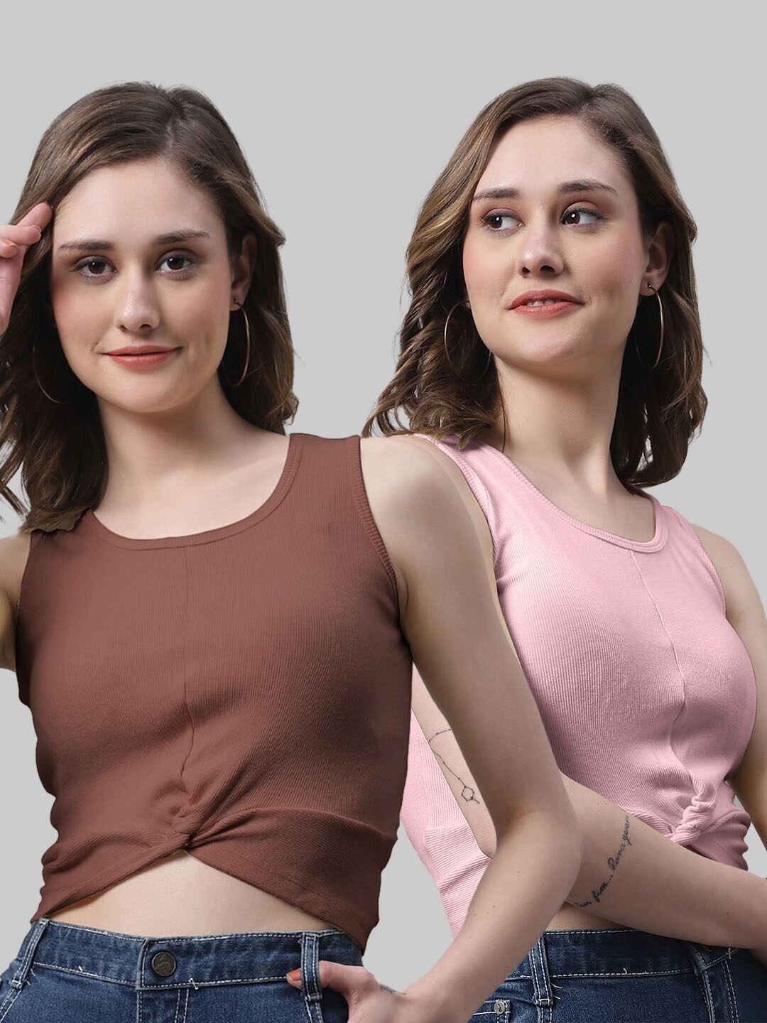 

FBAR Pack Of 2 Round Neck Twisted Fitted Cotton Crop Top, Brown