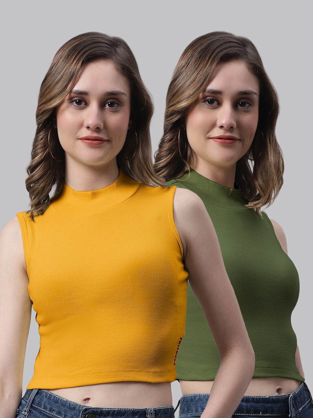 

FBAR Pack Of 2 High Neck Cotton Crop Fitted Top, Yellow