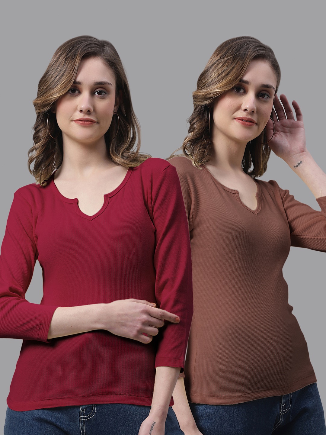 

FBAR Pack Of 2 Round Neck Cotton Top, Maroon